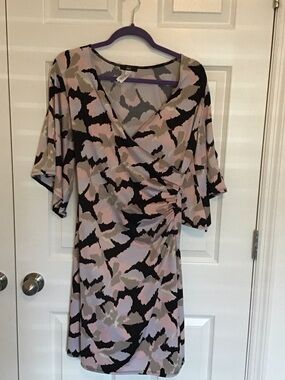 J.B.S. Pink, Black and Olive Abstract Wrap-Style Midi Dress